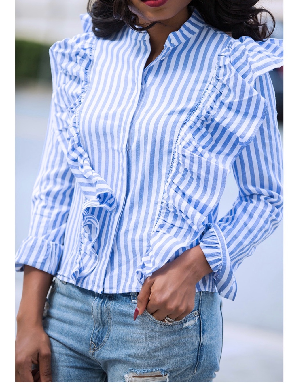 Who What Wear Striped Ruffle Front Button-Up Top - Blue
